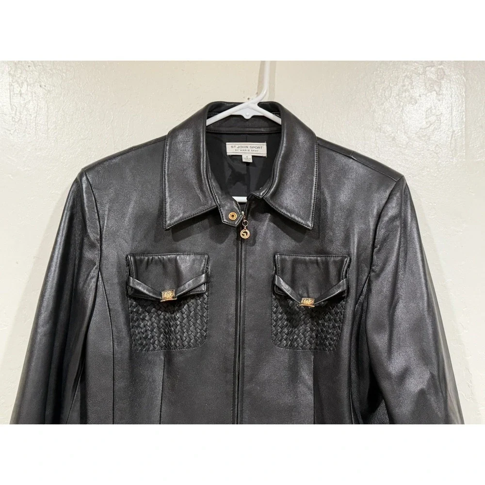 St John Sport Marie Gray Black Leather Jacket Woven Trim Gold Hardware Small